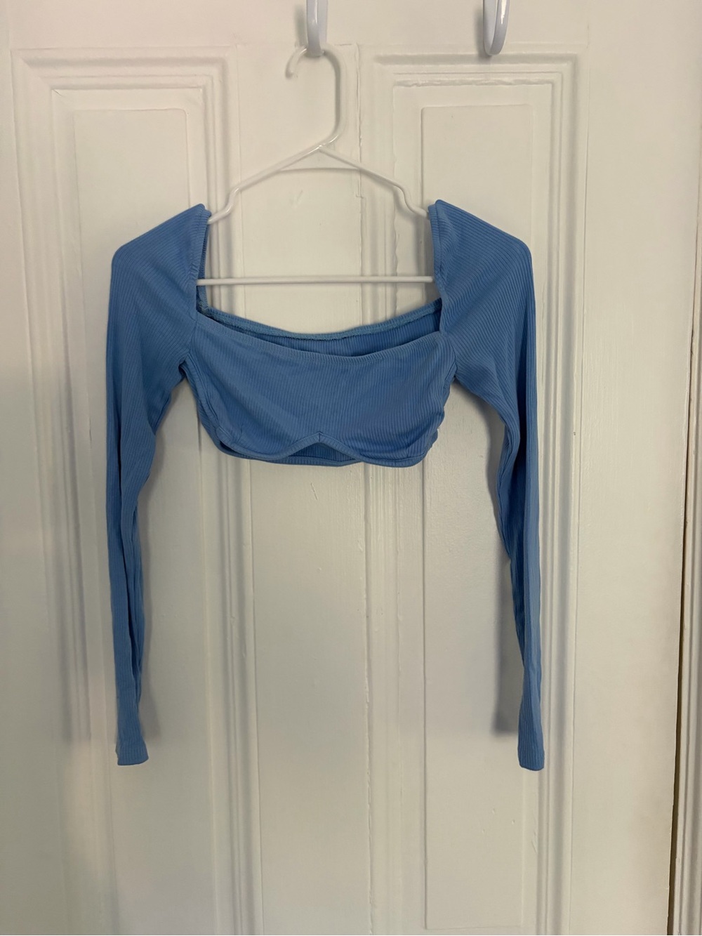 SHEIN Sky Blue Ribbed Square-Neck Long Sleeve Crop Top